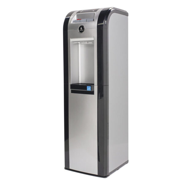 Vitapur® Bottom Load Water Cooler This innovative Bottom Load water cooler makes changing empty water bottles a snap. Lifting heavy bottles and cleaning accidental spills are eliminated, as the bottle is connected and stored in the bottom cabinet. The dispenser featured with a rich black and platinum finish it is sure to complement any room. Included: convenient 24/7 hot water. Listing Agency Standards  CSA, CSA/UL Electrical, Energy Star Minimum Temperature  39 ~46°F Maximum Temperature  194 ~201°F Dimensions  40.7 in H x 13.5 in W x 12.5 in D Weight  42.5 lbs.