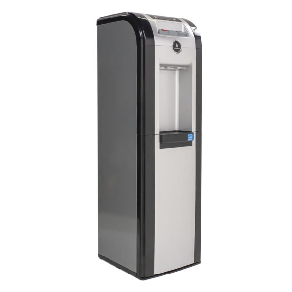Vitapur® Bottom Load Water Cooler This innovative Bottom Load water cooler makes changing empty water bottles a snap. Lifting heavy bottles and cleaning accidental spills are eliminated, as the bottle is connected and stored in the bottom cabinet. The dispenser featured with a rich black and platinum finish it is sure to complement any room. Included: convenient 24/7 hot water. Listing Agency Standards  CSA, CSA/UL Electrical, Energy Star Minimum Temperature  39 ~46°F Maximum Temperature  194 ~201°F Dimensions  40.7 in H x 13.5 in W x 12.5 in D Weight  42.5 lbs.
