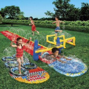 Banzai 3-in-1 Obstacle Course Water Splash Park Challenge your friends to the ultimate backyard obstacle course! Jump over the water-spraying hurdles before sliding under the limbo pole and finally weaving through the tire jump. The built-in sprinklers will keep you refreshed and drenched all summer long. Includes 1pc Water Slide, 1pc Inflatable Hurdle, 1pc Tire Jump Sprinkler, 2pcs Inflatable Limbo Posts, 1pc Inflatable Limbo Bar, 2pcs Water Tubes, 2pcs Ground Stakes, 1pc Repair Patch