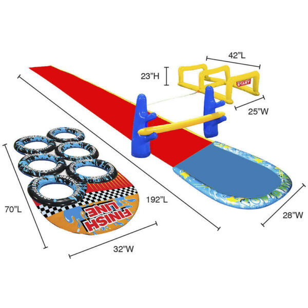 Banzai 3-in-1 Obstacle Course Water Splash Park Challenge your friends to the ultimate backyard obstacle course! Jump over the water-spraying hurdles before sliding under the limbo pole and finally weaving through the tire jump. The built-in sprinklers will keep you refreshed and drenched all summer long. Includes 1pc Water Slide, 1pc Inflatable Hurdle, 1pc Tire Jump Sprinkler, 2pcs Inflatable Limbo Posts, 1pc Inflatable Limbo Bar, 2pcs Water Tubes, 2pcs Ground Stakes, 1pc Repair Patch