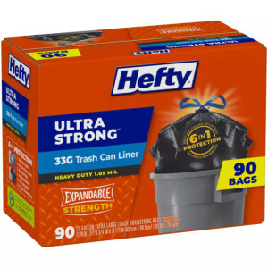 Hefty Ultra Strong 33-Gallon Trash Bags (90 ct.) Contains 180 ultra-strong 33-gallon trash can liners Heavy-duty trash bag for big cleanup jobs 1.05 mil construction ideal for even heavy garbage loads Triple Action Technology allows the bag to stretch to prevent leaks and tears