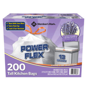 Member's Mark Power Flex Tall Kitchen Drawstring Trash Bags (13 gal., 200 ct.) Enhanced top is proven to be 2x stronger than the leading national brand Power Flex™ Technology flexes to expand around waste contents Leak Protection Seals to prevent side-seam failures Expand and Grip Drawstring keeps bags secure on your trash can Tall kitchen trash bags with simple fit drawstring bags and superior odor control