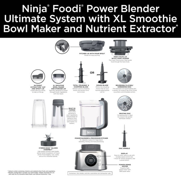 Ninja Foodi Power Blender Ultimate System with XL Smoothie Bowl Maker & Nutrient Extractor Food Processing: The enhanced processing lid with feed chute and cut select blades allows for precise shredding, slicing, and grating. Crushing Blender: 1600-Peak-Watt Power Dense Motor with smartTORQUE to power through and never stall. XL Smoothie Bowl Maker: Specially designed to power through frozen ingredients using less liquid for smoothie bowls or nuts and seeds for smooth nut butters. Nutrient Extraction* Cup: Designed to deliver better ingredient breakdown for perfectly smooth drinkables. *Extract a drink containing vitamins and nutrients from fruits and vegetables Variable Speed Control: Variable Speed Control for speed and texture control of every blend. One-Touch Programs: 7 preset Auto-iQ® programs for one-touch smoothies, extractions, bowls, spreads, chopping, food processing, and dough Easy to Clean: Containers, lids, discs, and blade assemblies are all dishwasher safe. BPA free