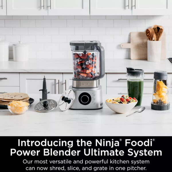 Ninja Foodi Power Blender Ultimate System with XL Smoothie Bowl Maker & Nutrient Extractor Food Processing: The enhanced processing lid with feed chute and cut select blades allows for precise shredding, slicing, and grating. Crushing Blender: 1600-Peak-Watt Power Dense Motor with smartTORQUE to power through and never stall. XL Smoothie Bowl Maker: Specially designed to power through frozen ingredients using less liquid for smoothie bowls or nuts and seeds for smooth nut butters. Nutrient Extraction* Cup: Designed to deliver better ingredient breakdown for perfectly smooth drinkables. *Extract a drink containing vitamins and nutrients from fruits and vegetables Variable Speed Control: Variable Speed Control for speed and texture control of every blend. One-Touch Programs: 7 preset Auto-iQ® programs for one-touch smoothies, extractions, bowls, spreads, chopping, food processing, and dough Easy to Clean: Containers, lids, discs, and blade assemblies are all dishwasher safe. BPA free