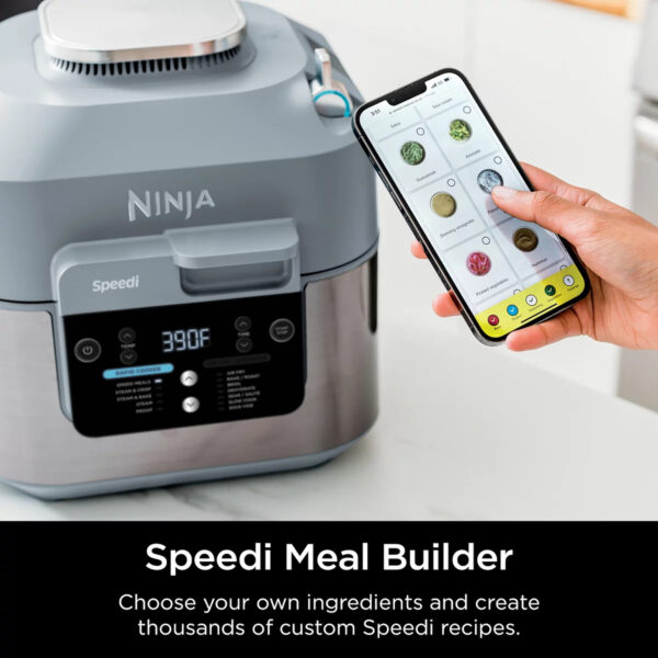 Ninja Speedi Rapid Cooker & Air Fryer ONE-TOUCH, ONE-POT MEALS IN 15 MINUTES: Choose your base, your vegetables, and your protein to create an entire meal in one pot in as little as 15 minutes with the Speedi Meals function. CREATE A MEAL FOR UP TO 4: With 6-qt. capacity, fit up to 4 chicken breasts and 1 lb. of pasta to create a whole family meal in one pot. 12-IN-1 FUNCTIONALITY: Choose from Speedi Meals, Steam & Crisp, Steam & Bake, Steam, or Proof in Rapid Cooker mode and unlock Air Fry, Bake/Roast, Air Broil, Dehydrate, Sear & Saute, Slow Cook, and Sous Vide functions in Air Fry mode. RAPID COOKING SYSTEM: Quickly create moisture with steam while caramelizing and crisping with air fry technology at the same time in one pot when in Rapid Cooker mode to get restaurant-worthy results. SMARTSWITCH FUNCTIONALITY: Easily switch between Air Fry mode and Rapid Cooker mode to unlock endless possibilities. THOUSANDS OF SPEEDI MEALS: Ninja’s Speedi Meal Builder unlocks thousands of customizable recipes with ingredients that are already in your fridge or pantry. AIR FRY HEALTHY MEALS: Up to 75% less fat when using the air fry function vs. traditional deep frying. Tested against hand-cut, deep fried French fries. SPEEDI CLEANUP: Nonstick pot and crisper tray are dishwasher-safe, making cleanup quick and easy.