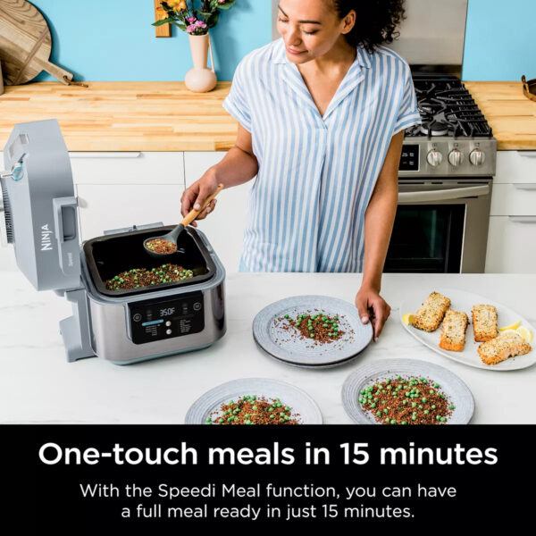 Ninja Speedi Rapid Cooker & Air Fryer ONE-TOUCH, ONE-POT MEALS IN 15 MINUTES: Choose your base, your vegetables, and your protein to create an entire meal in one pot in as little as 15 minutes with the Speedi Meals function. CREATE A MEAL FOR UP TO 4: With 6-qt. capacity, fit up to 4 chicken breasts and 1 lb. of pasta to create a whole family meal in one pot. 12-IN-1 FUNCTIONALITY: Choose from Speedi Meals, Steam & Crisp, Steam & Bake, Steam, or Proof in Rapid Cooker mode and unlock Air Fry, Bake/Roast, Air Broil, Dehydrate, Sear & Saute, Slow Cook, and Sous Vide functions in Air Fry mode. RAPID COOKING SYSTEM: Quickly create moisture with steam while caramelizing and crisping with air fry technology at the same time in one pot when in Rapid Cooker mode to get restaurant-worthy results. SMARTSWITCH FUNCTIONALITY: Easily switch between Air Fry mode and Rapid Cooker mode to unlock endless possibilities. THOUSANDS OF SPEEDI MEALS: Ninja’s Speedi Meal Builder unlocks thousands of customizable recipes with ingredients that are already in your fridge or pantry. AIR FRY HEALTHY MEALS: Up to 75% less fat when using the air fry function vs. traditional deep frying. Tested against hand-cut, deep fried French fries. SPEEDI CLEANUP: Nonstick pot and crisper tray are dishwasher-safe, making cleanup quick and easy.