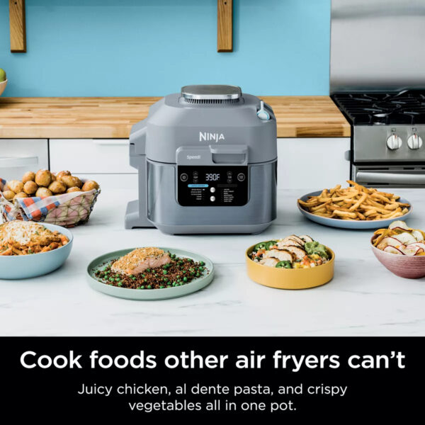 Ninja Speedi Rapid Cooker & Air Fryer ONE-TOUCH, ONE-POT MEALS IN 15 MINUTES: Choose your base, your vegetables, and your protein to create an entire meal in one pot in as little as 15 minutes with the Speedi Meals function. CREATE A MEAL FOR UP TO 4: With 6-qt. capacity, fit up to 4 chicken breasts and 1 lb. of pasta to create a whole family meal in one pot. 12-IN-1 FUNCTIONALITY: Choose from Speedi Meals, Steam & Crisp, Steam & Bake, Steam, or Proof in Rapid Cooker mode and unlock Air Fry, Bake/Roast, Air Broil, Dehydrate, Sear & Saute, Slow Cook, and Sous Vide functions in Air Fry mode. RAPID COOKING SYSTEM: Quickly create moisture with steam while caramelizing and crisping with air fry technology at the same time in one pot when in Rapid Cooker mode to get restaurant-worthy results. SMARTSWITCH FUNCTIONALITY: Easily switch between Air Fry mode and Rapid Cooker mode to unlock endless possibilities. THOUSANDS OF SPEEDI MEALS: Ninja’s Speedi Meal Builder unlocks thousands of customizable recipes with ingredients that are already in your fridge or pantry. AIR FRY HEALTHY MEALS: Up to 75% less fat when using the air fry function vs. traditional deep frying. Tested against hand-cut, deep fried French fries. SPEEDI CLEANUP: Nonstick pot and crisper tray are dishwasher-safe, making cleanup quick and easy.