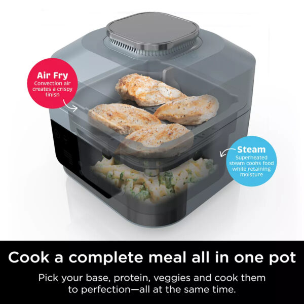 Ninja Speedi Rapid Cooker & Air Fryer ONE-TOUCH, ONE-POT MEALS IN 15 MINUTES: Choose your base, your vegetables, and your protein to create an entire meal in one pot in as little as 15 minutes with the Speedi Meals function. CREATE A MEAL FOR UP TO 4: With 6-qt. capacity, fit up to 4 chicken breasts and 1 lb. of pasta to create a whole family meal in one pot. 12-IN-1 FUNCTIONALITY: Choose from Speedi Meals, Steam & Crisp, Steam & Bake, Steam, or Proof in Rapid Cooker mode and unlock Air Fry, Bake/Roast, Air Broil, Dehydrate, Sear & Saute, Slow Cook, and Sous Vide functions in Air Fry mode. RAPID COOKING SYSTEM: Quickly create moisture with steam while caramelizing and crisping with air fry technology at the same time in one pot when in Rapid Cooker mode to get restaurant-worthy results. SMARTSWITCH FUNCTIONALITY: Easily switch between Air Fry mode and Rapid Cooker mode to unlock endless possibilities. THOUSANDS OF SPEEDI MEALS: Ninja’s Speedi Meal Builder unlocks thousands of customizable recipes with ingredients that are already in your fridge or pantry. AIR FRY HEALTHY MEALS: Up to 75% less fat when using the air fry function vs. traditional deep frying. Tested against hand-cut, deep fried French fries. SPEEDI CLEANUP: Nonstick pot and crisper tray are dishwasher-safe, making cleanup quick and easy.