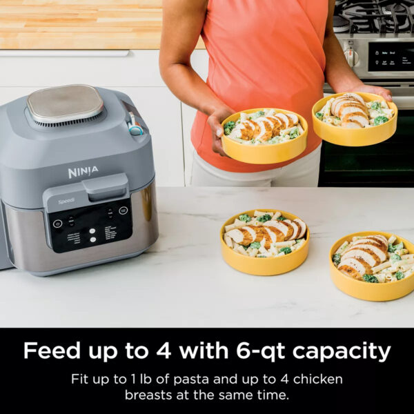 Ninja Speedi Rapid Cooker & Air Fryer ONE-TOUCH, ONE-POT MEALS IN 15 MINUTES: Choose your base, your vegetables, and your protein to create an entire meal in one pot in as little as 15 minutes with the Speedi Meals function. CREATE A MEAL FOR UP TO 4: With 6-qt. capacity, fit up to 4 chicken breasts and 1 lb. of pasta to create a whole family meal in one pot. 12-IN-1 FUNCTIONALITY: Choose from Speedi Meals, Steam & Crisp, Steam & Bake, Steam, or Proof in Rapid Cooker mode and unlock Air Fry, Bake/Roast, Air Broil, Dehydrate, Sear & Saute, Slow Cook, and Sous Vide functions in Air Fry mode. RAPID COOKING SYSTEM: Quickly create moisture with steam while caramelizing and crisping with air fry technology at the same time in one pot when in Rapid Cooker mode to get restaurant-worthy results. SMARTSWITCH FUNCTIONALITY: Easily switch between Air Fry mode and Rapid Cooker mode to unlock endless possibilities. THOUSANDS OF SPEEDI MEALS: Ninja’s Speedi Meal Builder unlocks thousands of customizable recipes with ingredients that are already in your fridge or pantry. AIR FRY HEALTHY MEALS: Up to 75% less fat when using the air fry function vs. traditional deep frying. Tested against hand-cut, deep fried French fries. SPEEDI CLEANUP: Nonstick pot and crisper tray are dishwasher-safe, making cleanup quick and easy.