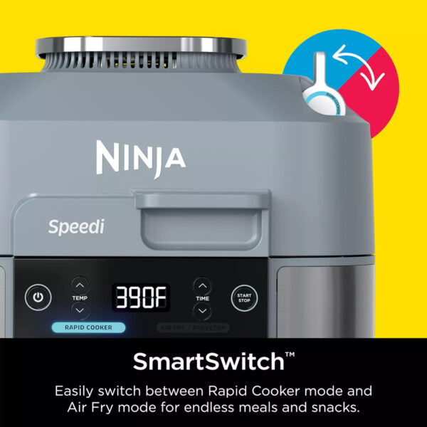 Ninja Speedi Rapid Cooker & Air Fryer ONE-TOUCH, ONE-POT MEALS IN 15 MINUTES: Choose your base, your vegetables, and your protein to create an entire meal in one pot in as little as 15 minutes with the Speedi Meals function. CREATE A MEAL FOR UP TO 4: With 6-qt. capacity, fit up to 4 chicken breasts and 1 lb. of pasta to create a whole family meal in one pot. 12-IN-1 FUNCTIONALITY: Choose from Speedi Meals, Steam & Crisp, Steam & Bake, Steam, or Proof in Rapid Cooker mode and unlock Air Fry, Bake/Roast, Air Broil, Dehydrate, Sear & Saute, Slow Cook, and Sous Vide functions in Air Fry mode. RAPID COOKING SYSTEM: Quickly create moisture with steam while caramelizing and crisping with air fry technology at the same time in one pot when in Rapid Cooker mode to get restaurant-worthy results. SMARTSWITCH FUNCTIONALITY: Easily switch between Air Fry mode and Rapid Cooker mode to unlock endless possibilities. THOUSANDS OF SPEEDI MEALS: Ninja’s Speedi Meal Builder unlocks thousands of customizable recipes with ingredients that are already in your fridge or pantry. AIR FRY HEALTHY MEALS: Up to 75% less fat when using the air fry function vs. traditional deep frying. Tested against hand-cut, deep fried French fries. SPEEDI CLEANUP: Nonstick pot and crisper tray are dishwasher-safe, making cleanup quick and easy.