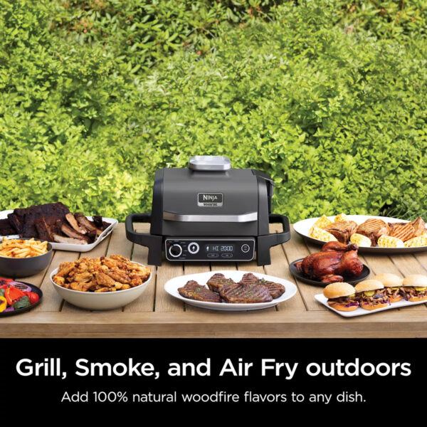 Ninja Woodfire Outdoor Grill, 7-in-1 Master Grill, BBQ Smoker & Air Fryer Master Grill, Fool-Proof BBQ Smoker and Outdoor Air Fryer all-in-one with 100% authentic woodfire flavors With Master Grilling, achieve all the performance of a full-size propane grill with the same char and searing Foolproof BBQ Smoking allows you to create authentic BBQ bark and flavors fast and easy with just 1/2 cup of pellets. Hassle and worry-free With outdoor air frying, you can add woodfire flavor to your air fried favorites and even cook all your side dishes outdoors Powered by electricity and flavored by real burning wood pellets, Woodfire Technology enables you to create rich woodfire flavors you can see and taste with any cooking function Compatible only with Ninja Woodfire Pellets. Comes with 2 blends of 100% real hardwood Ninja Woodfire Pellets that pair great with anything you make Weather resistant for outdoor storage and year-round cooking Apartment-friendly electric power for no charcoal, propane or flareups Cook for a crowd with enough capacity to grill 6 steaks or 30 hot dogs, air fry up to 3 lbs. of wings or BBQ smoke a 9 lb. whole brisket Nonstick coated grill grate for easy cleanup