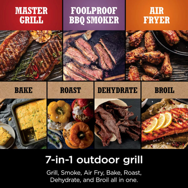 Ninja Woodfire Outdoor Grill, 7-in-1 Master Grill, BBQ Smoker & Air Fryer Master Grill, Fool-Proof BBQ Smoker and Outdoor Air Fryer all-in-one with 100% authentic woodfire flavors With Master Grilling, achieve all the performance of a full-size propane grill with the same char and searing Foolproof BBQ Smoking allows you to create authentic BBQ bark and flavors fast and easy with just 1/2 cup of pellets. Hassle and worry-free With outdoor air frying, you can add woodfire flavor to your air fried favorites and even cook all your side dishes outdoors Powered by electricity and flavored by real burning wood pellets, Woodfire Technology enables you to create rich woodfire flavors you can see and taste with any cooking function Compatible only with Ninja Woodfire Pellets. Comes with 2 blends of 100% real hardwood Ninja Woodfire Pellets that pair great with anything you make Weather resistant for outdoor storage and year-round cooking Apartment-friendly electric power for no charcoal, propane or flareups Cook for a crowd with enough capacity to grill 6 steaks or 30 hot dogs, air fry up to 3 lbs. of wings or BBQ smoke a 9 lb. whole brisket Nonstick coated grill grate for easy cleanup