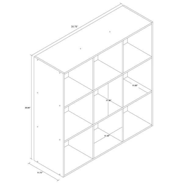 11 inches 9 Cube Organizer Shelf - Room Essentials™ Compatible with 11" storage bins Comes with all hardware included Weight capacity is 15lbs per cube shelf Top shelf weight capacity is 40lbs Assembly instructions linked below under the "From the manufacturer" section