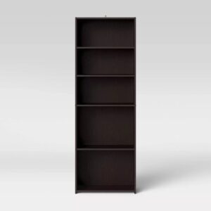 5 Shelf Bookcase - Room Essentials™ Display books, mementos and pictures in style with the 5-Shelf Bookcase from Room Essentials™. Standing at about 71 inches high, this wood-finish bookshelf comes with five open, adjustable shelves, making it easy to fit your favorite possessions while adding a functional and decorative touch to your room. The spacious vertical bookcase is an ideal pick to keep your treasures organized and accessible — from artwork to your favorite novels to picture albums and more — in any area of your home.