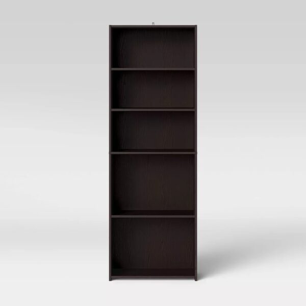 5 Shelf Bookcase - Room Essentials™ Display books, mementos and pictures in style with the 5-Shelf Bookcase from Room Essentials™. Standing at about 71 inches high, this wood-finish bookshelf comes with five open, adjustable shelves, making it easy to fit your favorite possessions while adding a functional and decorative touch to your room. The spacious vertical bookcase is an ideal pick to keep your treasures organized and accessible — from artwork to your favorite novels to picture albums and more — in any area of your home.