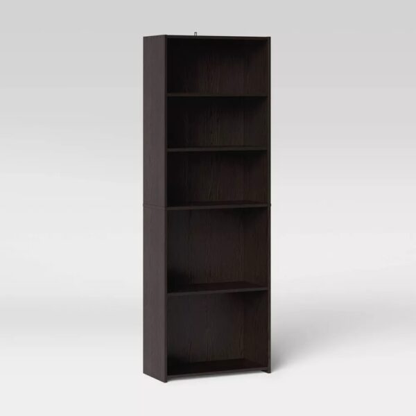5 Shelf Bookcase - Room Essentials™ Display books, mementos and pictures in style with the 5-Shelf Bookcase from Room Essentials™. Standing at about 71 inches high, this wood-finish bookshelf comes with five open, adjustable shelves, making it easy to fit your favorite possessions while adding a functional and decorative touch to your room. The spacious vertical bookcase is an ideal pick to keep your treasures organized and accessible — from artwork to your favorite novels to picture albums and more — in any area of your home.