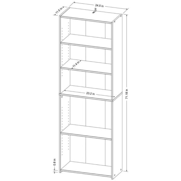5 Shelf Bookcase - Room Essentials™ Display books, mementos and pictures in style with the 5-Shelf Bookcase from Room Essentials™. Standing at about 71 inches high, this wood-finish bookshelf comes with five open, adjustable shelves, making it easy to fit your favorite possessions while adding a functional and decorative touch to your room. The spacious vertical bookcase is an ideal pick to keep your treasures organized and accessible — from artwork to your favorite novels to picture albums and more — in any area of your home.
