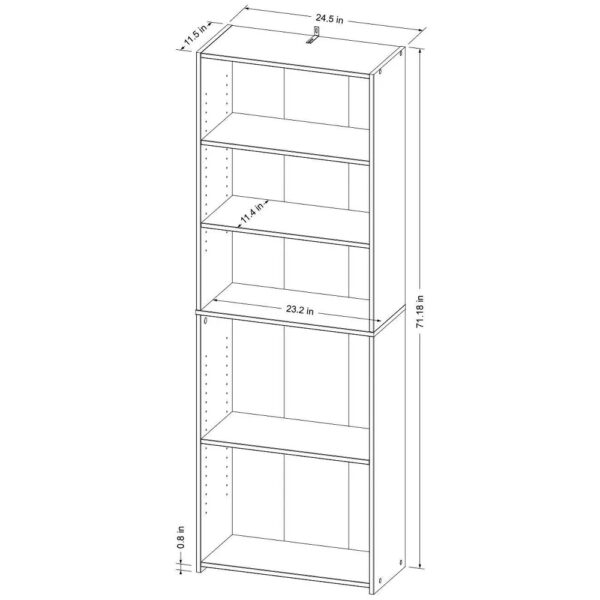 5 Shelf Bookcase - Room Essentials™ Display books, mementos and pictures in style with the 5-Shelf Bookcase from Room Essentials™. Standing at about 71 inches high, this wood-finish bookshelf comes with five open, adjustable shelves, making it easy to fit your favorite possessions while adding a functional and decorative touch to your room. The spacious vertical bookcase is an ideal pick to keep your treasures organized and accessible — from artwork to your favorite novels to picture albums and more — in any area of your home.