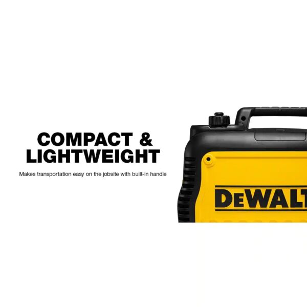 DeWALT Portable Inverter Generator, 2200 Watt PMC172200 CO Protect technology -stops, alerts, saves, powerful protection against hazardous carbon monoxide Clean Inverter technology - provides clean, stable power ideal for tools, sensitive electronics and appliances Compact and lightweight makes transportation easy on the jobsite with built-in handle 11-hours of run time at 25% load with integrated 1 Gal. fuel tank (run times will vary based on load and altitude) DEWALT 80cc OHV engine with Auto Throttle and low oil shutdown that automatically safeguards the engine from incurring damage Quiet and conversation friendly, fully enclosed design dramatically reduces noise levels and meets National Park Service campground noise requirements Economy Mode automatically adjusts engine speeds to save fuel and reduce sound emissions Integrated off/run/choke knob simplifies startup procedures LED indicators alert you when unit is low on oil, overloaded or ready-to-use One 120-Volt 20 Amp OSHA compliant GFCI receptacle, one 12-Volt DC 8 Amp, one 1.5 amp USB port to charge mobile devices Parallel ready allows you to connect two inverter generators for twice the power Covered outlets provide added protection from the environment