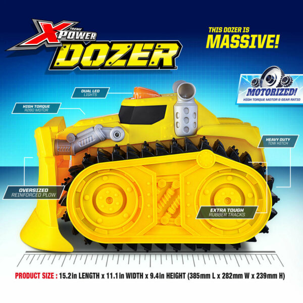 Motorized Extreme Bulldozer Toy Truck for Toddler Boys & Kids Who Love Construc [EXTREME POWER] – This motorized extreme bull dozer construction vehicle for kids can push or pull up to 200 pounds! For heavy objects, place them on a WHEELED PLATFORM (wagon or chair) on a FLAT and HARD FLOOR [ALL TERRAIN ACTION] – plows through dirt, wood, rocks, and toys like Legos or building blocks! With extra tough rubber tracks for maximum traction, easily conquer any difficult terrain with this heavy duty Electronic construction toy [XTREME FUN] – works indoors & outdoors so your child can get off the couch and have hours of fun plowing anything in this toy bulldozer truck's path [LIGHTS & SOUNDS] – Press down on dozer's siren to activate LED electronic lights & sounds and begin bulldozing! Press siren again to quickly and safely stop the bulldozer [XTREME DURABILITY] – this big toy bulldozer for boys is an absolute beast! Heavy duty bulldozer weighs over 8 lbs (3.6kg) and measures 15.2 inches (385mm) in length, 11.1 inches (282mm) in width, and 9.4 inches (239mm) in height [EASY TO USE] – simple One button activation & one directional (forward only) – for extra safety, dozer automatically stops on its own – hit the button to start it going again – requires 6 C alkaline batteries (not included)