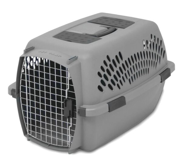 Plastic Pet Carrier Assorted Sizes This junior-sized plastic carrier is great for puppies, small dogs and kittens up to 14 inches tall and 10 to 20 pounds. Made with reinforced plastic and ventilated sides, your pet will travel in comfort on any car or airplane ride.