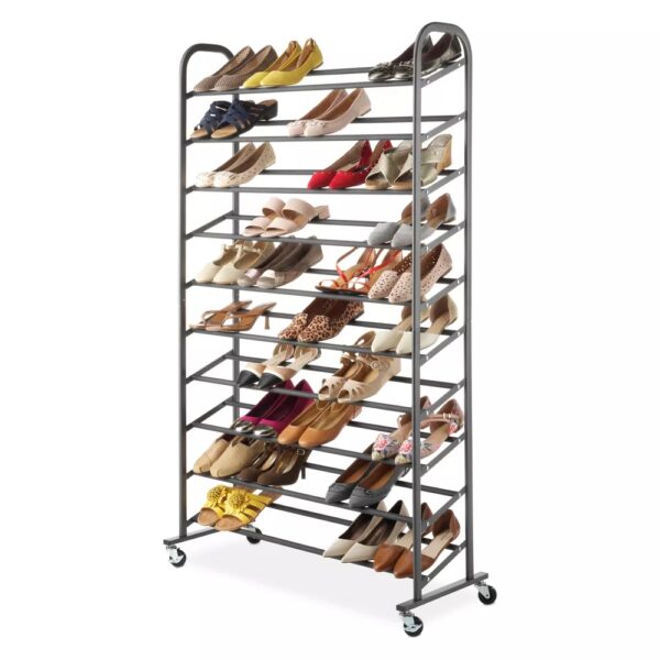 Rolling Shoe Tower 50 Pair with Expoxy Frame - Room Essentials™ Large shoe rack keeps all your shoes organized and easy to find Made from sturdy steel for long-lasting use Features a double bar design to fit a variety of shoes Caster wheels make it easy to move