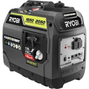 Ryobi 2050 Starting Watt Gray Recoil Start Gasoline Powered Digital Inverter Generator with CO Shutdown 2,050 starting watts, 1,650 running watts Quiet operation Pure Sine Wave technology safe for sensitive electronics CO detect and CO sensor Parallel kit capable Fuel efficient auto-idle fuel-saving technology Two 120-Volt outlets Extendable handle and wheels for easy transport 3-year limited warranty