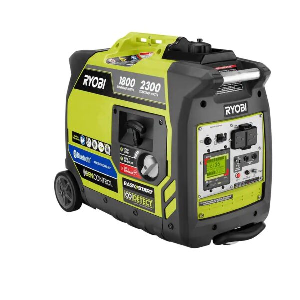 Ryobi 2,300-Watt Recoil Start Bluetooth Super Quiet Gasoline Powered Digital Inverter Generator with CO Shutdown Sensor 2,300 starting watt, 1,800 running watt Automatic CO shutoff with CO sensor for increased safety Very quiet operation Free RYOBI GenControl app: monitors power consumption, fuel level and runtime remaining on your apple or android smartphone Board LCD displays fuel level, runtime remaining and load level On-board overload reset button and remote reset capable using free GenControl app Remote shutdown capable Ultra-portable: telescoping handle, dual rear wheels, suitcase carrying handle, front and rear handle assembly Parallel kit capable: connect 2 generators together with the available parallel kit for twice the power output Two 120-Volt outlets and 2 USB ports Fuel efficient: auto-idle fuel-saving technology ANSI/ UL2201 certified: certified to address performance requirements to mitigate CO poisoning and has CODetect shutoff technology for additional protection 3-Year Limited Warranty