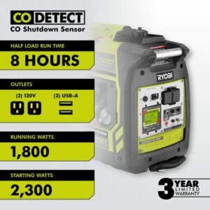 Ryobi 2,300-Watt Recoil Start Bluetooth Super Quiet Gasoline Powered Digital Inverter Generator with CO Shutdown Sensor 2,300 starting watt, 1,800 running watt Automatic CO shutoff with CO sensor for increased safety Very quiet operation Free RYOBI GenControl app: monitors power consumption, fuel level and runtime remaining on your apple or android smartphone Board LCD displays fuel level, runtime remaining and load level On-board overload reset button and remote reset capable using free GenControl app Remote shutdown capable Ultra-portable: telescoping handle, dual rear wheels, suitcase carrying handle, front and rear handle assembly Parallel kit capable: connect 2 generators together with the available parallel kit for twice the power output Two 120-Volt outlets and 2 USB ports Fuel efficient: auto-idle fuel-saving technology ANSI/ UL2201 certified: certified to address performance requirements to mitigate CO poisoning and has CODetect shutoff technology for additional protection 3-Year Limited Warranty