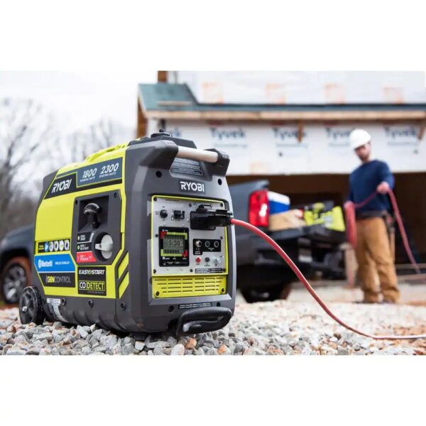 Ryobi 2,300-Watt Recoil Start Bluetooth Super Quiet Gasoline Powered Digital Inverter Generator with CO Shutdown Sensor 2,300 starting watt, 1,800 running watt Automatic CO shutoff with CO sensor for increased safety Very quiet operation Free RYOBI GenControl app: monitors power consumption, fuel level and runtime remaining on your apple or android smartphone Board LCD displays fuel level, runtime remaining and load level On-board overload reset button and remote reset capable using free GenControl app Remote shutdown capable Ultra-portable: telescoping handle, dual rear wheels, suitcase carrying handle, front and rear handle assembly Parallel kit capable: connect 2 generators together with the available parallel kit for twice the power output Two 120-Volt outlets and 2 USB ports Fuel efficient: auto-idle fuel-saving technology ANSI/ UL2201 certified: certified to address performance requirements to mitigate CO poisoning and has CODetect shutoff technology for additional protection 3-Year Limited Warranty