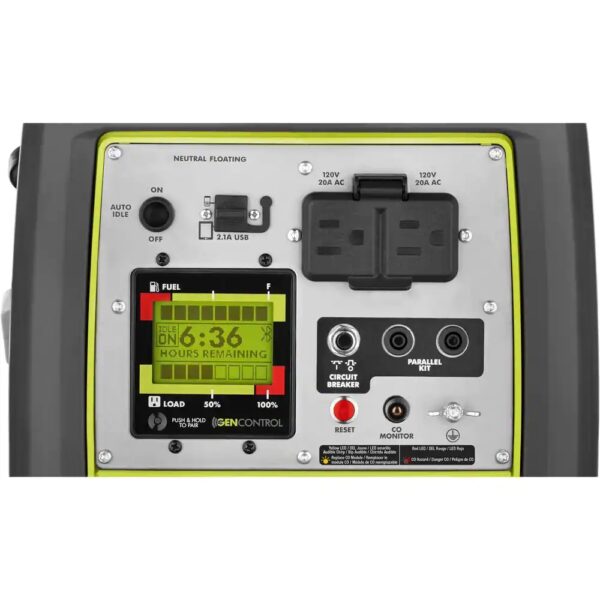 Ryobi 2,300-Watt Recoil Start Bluetooth Super Quiet Gasoline Powered Digital Inverter Generator with CO Shutdown Sensor 2,300 starting watt, 1,800 running watt Automatic CO shutoff with CO sensor for increased safety Very quiet operation Free RYOBI GenControl app: monitors power consumption, fuel level and runtime remaining on your apple or android smartphone Board LCD displays fuel level, runtime remaining and load level On-board overload reset button and remote reset capable using free GenControl app Remote shutdown capable Ultra-portable: telescoping handle, dual rear wheels, suitcase carrying handle, front and rear handle assembly Parallel kit capable: connect 2 generators together with the available parallel kit for twice the power output Two 120-Volt outlets and 2 USB ports Fuel efficient: auto-idle fuel-saving technology ANSI/ UL2201 certified: certified to address performance requirements to mitigate CO poisoning and has CODetect shutoff technology for additional protection 3-Year Limited Warranty