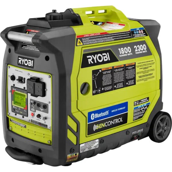 Ryobi 2,300-Watt Recoil Start Bluetooth Super Quiet Gasoline Powered Digital Inverter Generator with CO Shutdown Sensor 2,300 starting watt, 1,800 running watt Automatic CO shutoff with CO sensor for increased safety Very quiet operation Free RYOBI GenControl app: monitors power consumption, fuel level and runtime remaining on your apple or android smartphone Board LCD displays fuel level, runtime remaining and load level On-board overload reset button and remote reset capable using free GenControl app Remote shutdown capable Ultra-portable: telescoping handle, dual rear wheels, suitcase carrying handle, front and rear handle assembly Parallel kit capable: connect 2 generators together with the available parallel kit for twice the power output Two 120-Volt outlets and 2 USB ports Fuel efficient: auto-idle fuel-saving technology ANSI/ UL2201 certified: certified to address performance requirements to mitigate CO poisoning and has CODetect shutoff technology for additional protection 3-Year Limited Warranty