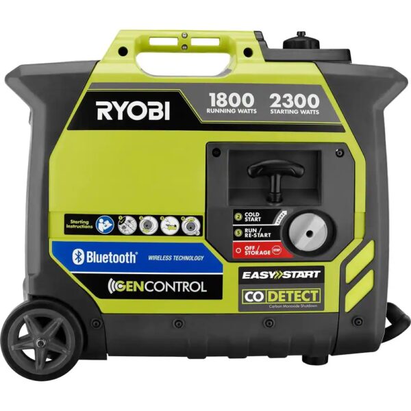 Ryobi 2,300-Watt Recoil Start Bluetooth Super Quiet Gasoline Powered Digital Inverter Generator with CO Shutdown Sensor 2,300 starting watt, 1,800 running watt Automatic CO shutoff with CO sensor for increased safety Very quiet operation Free RYOBI GenControl app: monitors power consumption, fuel level and runtime remaining on your apple or android smartphone Board LCD displays fuel level, runtime remaining and load level On-board overload reset button and remote reset capable using free GenControl app Remote shutdown capable Ultra-portable: telescoping handle, dual rear wheels, suitcase carrying handle, front and rear handle assembly Parallel kit capable: connect 2 generators together with the available parallel kit for twice the power output Two 120-Volt outlets and 2 USB ports Fuel efficient: auto-idle fuel-saving technology ANSI/ UL2201 certified: certified to address performance requirements to mitigate CO poisoning and has CODetect shutoff technology for additional protection 3-Year Limited Warranty