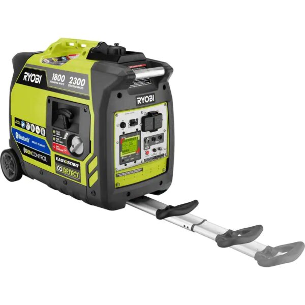 Ryobi 2,300-Watt Recoil Start Bluetooth Super Quiet Gasoline Powered Digital Inverter Generator with CO Shutdown Sensor 2,300 starting watt, 1,800 running watt Automatic CO shutoff with CO sensor for increased safety Very quiet operation Free RYOBI GenControl app: monitors power consumption, fuel level and runtime remaining on your apple or android smartphone Board LCD displays fuel level, runtime remaining and load level On-board overload reset button and remote reset capable using free GenControl app Remote shutdown capable Ultra-portable: telescoping handle, dual rear wheels, suitcase carrying handle, front and rear handle assembly Parallel kit capable: connect 2 generators together with the available parallel kit for twice the power output Two 120-Volt outlets and 2 USB ports Fuel efficient: auto-idle fuel-saving technology ANSI/ UL2201 certified: certified to address performance requirements to mitigate CO poisoning and has CODetect shutoff technology for additional protection 3-Year Limited Warranty