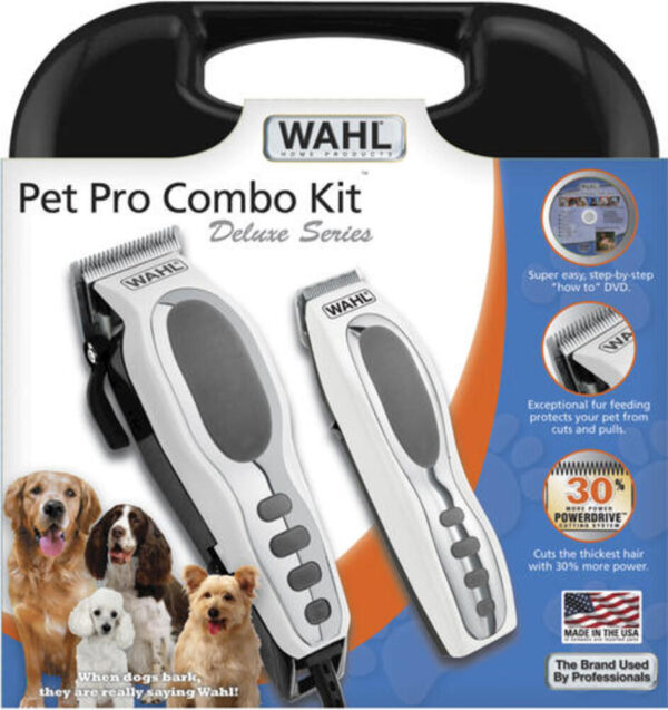 WAHL® Deluxe Pet Pro Combo Kit The WAHL® Deluxe Pet Pro Combo Kit is great for trimming, touch ups and full-body grooming. The kit includes the pet clipper, pet trimmer for paws, face and ears, guide combs, scissors, mirror, oil, carry case and instructional how-to-groom DVD.