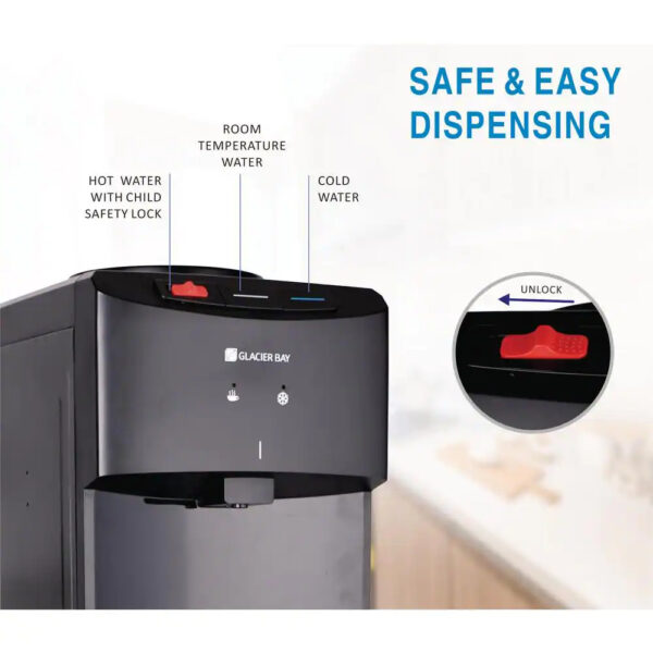 Glacier Bay Matte Black Top Load Water Dispenser Hot and cold stainless steel reservoir for superior long-lasting reliability Built-in LED night light Large fill area that fits most glasses and pitchers Anti-leak bottle support collar prevents against leaky bottles Adjustable cold-water thermostat ETL Listed and ENERGY STAR certified