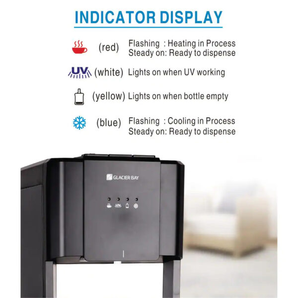 Glacier Bay Matte Black and Stainless Steel Bottom Load Water Dispenser Hot and cold stainless steel reservoir for superior long-lasting reliability Built-in LED nightlight and quiet water pump UV sterilization system ensures water quality Large fill area that fits most glasses and pitchers ETL Listed and ENERGY STAR certified