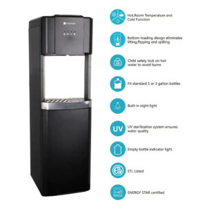 Glacier Bay Matte Black and Stainless Steel Bottom Load Water Dispenser Hot and cold stainless steel reservoir for superior long-lasting reliability Built-in LED nightlight and quiet water pump UV sterilization system ensures water quality Large fill area that fits most glasses and pitchers ETL Listed and ENERGY STAR certified