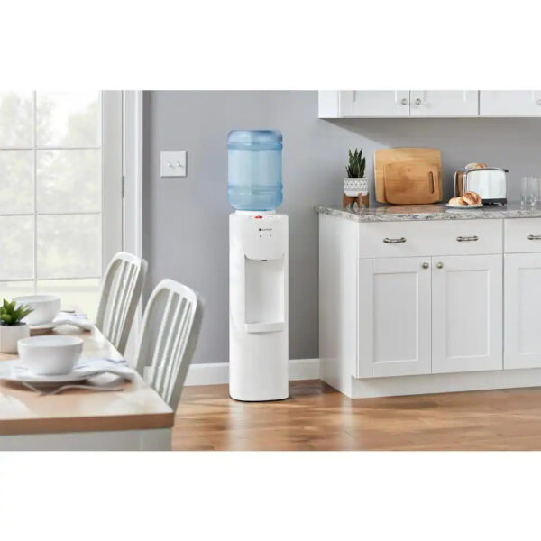 Glacier Bay White Top Load Water Dispenser Hot and cold stainless steel reservoir for superior long-lasting reliability Adjustable cold-water thermostat Large fill area that fits most glasses and pitchers Anti-leak bottle support collar prevents against leaky bottles ETL Listed and ENERGY STAR certified