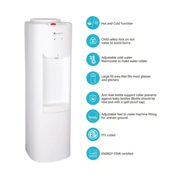 Glacier Bay White Top Load Water Dispenser Hot and cold stainless steel reservoir for superior long-lasting reliability Adjustable cold-water thermostat Large fill area that fits most glasses and pitchers Anti-leak bottle support collar prevents against leaky bottles ETL Listed and ENERGY STAR certified