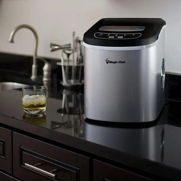 Magic Chef 27 lbs. Portable Countertop Ice Maker in Stainless Steel 6 Produces ice in as little as 7 minutes making it convenient when you are entertaining Can produce up 27 lbs. of ice in 24 hours, allowing you to easily keep your ice bucket, beverage pitcher or punch bowl refilled with the ice maker's steady supply of ice Yields 9 ice cubes per cycle Allows you to select 2 sizes of ice (small, large) for your ice cubes Electronic controls for ease of use Indicator lights for both ice and water levels Compact countertop size, so it can go almost anywhere you entertain Stainless steel portable ice maker has a convenient viewing window Ice scoop is included Portable Ice Maker is designed with an integrated water drain cap Please note that the countertop ice maker does not preserve the ice cubes as a freezer-installed icemaker with storage bin would do