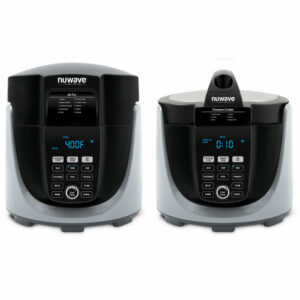 2-in-1 Air Fryer Pressure Cooker Combo The Duet Pressure Cooker/Air Fryer Combo Unit from NuWave is the first digital pressure cooker and air fryer in one powerful, easy-to-use device. Pressure cook your meal for moist delicious meals then air fry to get that golden crispy skin.