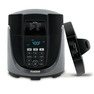 2-in-1 Air Fryer Pressure Cooker Combo The Duet Pressure Cooker/Air Fryer Combo Unit from NuWave is the first digital pressure cooker and air fryer in one powerful, easy-to-use device. Pressure cook your meal for moist delicious meals then air fry to get that golden crispy skin.